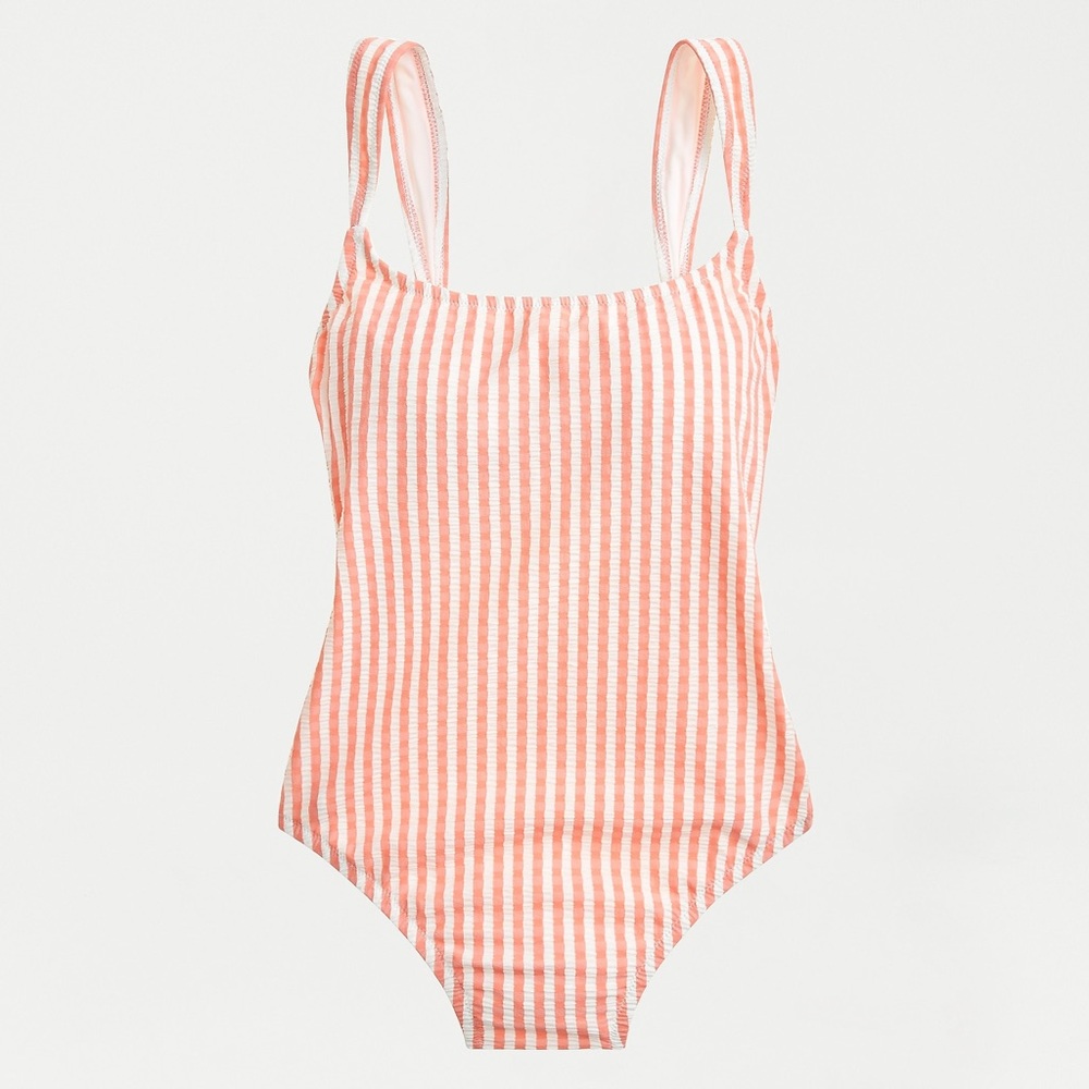 Bow-back one-piece swimsuit in seersucker stripe